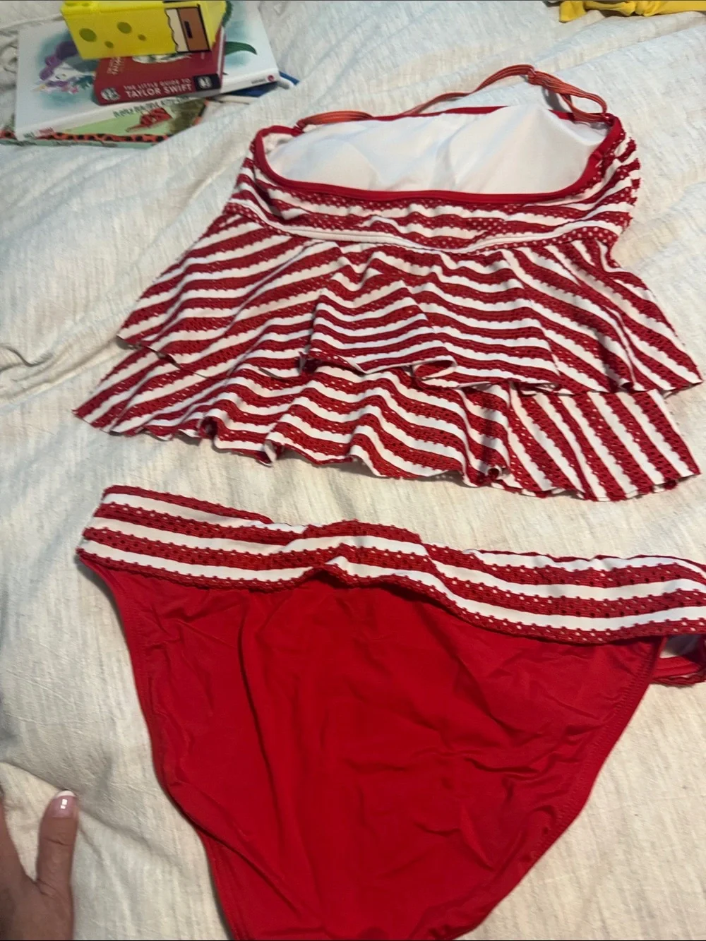 Kenneth Cole Reaction Red and White Striped Ruffled Tankini Set